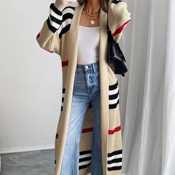 Multicolor Casual Women's Classic Striped open front sweater Cardigan - Picture 1 of 6